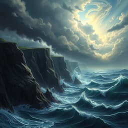 A stormy ocean crashing against jagged cliffs under a dramatic sky, with swirling clouds and intense lighting. The art should be realistic and moody, evoking power and chaos.