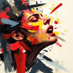 An abstract representation of human emotion using fragmented brush strokes and bold colors. The style should be expressive and energetic, like modern art in a gallery.