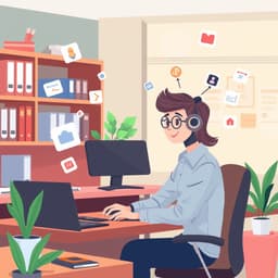 A friendly AI assistant in an office setting, helping a person organize their day with floating icons around them. The style should be flat vector illustration, colorful, and suitable for a tech website.