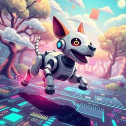 A futuristic robot dog running joyfully through a digital playground, with pixel clouds and vibrant circuit trees. The style should be fun, colorful, and slightly surreal.