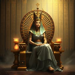 An ancient Egyptian queen sitting on a golden throne surrounded by symbols, with hieroglyphs glowing faintly in the background. The artwork should have a mystical and royal tone."