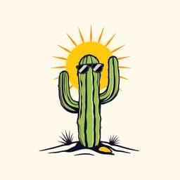 A minimalist cactus with sunglasses standing in the desert under a blazing sun