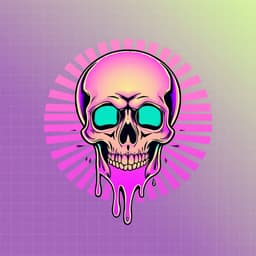 A vaporwave-themed skull made of melting pixels, with soft pastel gradients and a grid background.